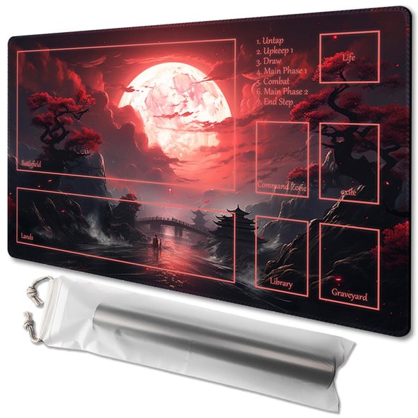 MTG Playmat Size 24x14in Free Storage Bags Non-Slip Backing Printing, Ideal for Card Game Enthusiasts TCG Playmat Mouse Pad (with Zone,Blood Moon Secrets)