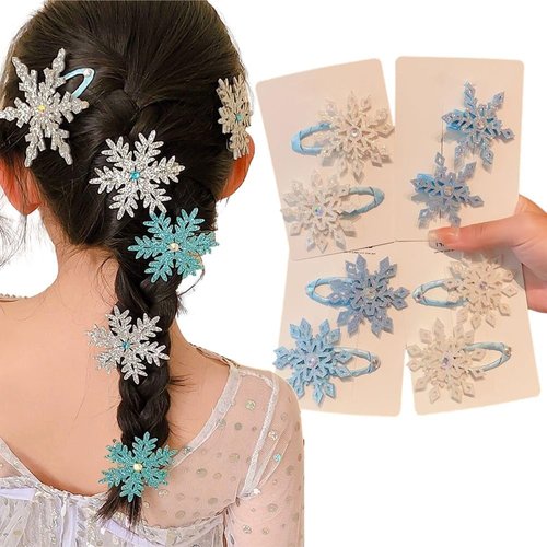Snowflake Hair Clip Blue White Christmas Hair Accessories for Women Xmas Bow, 4PCS Creative Elegant Rhinestone Ice Snow Princess Hair Clip Snowflake Hairpin Headwear Accessories for Baby Child