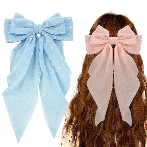 Ambesi Big Bow Hair Accessories 2pcs, Long Tail French Barrettes for Women & Girls, Pink Blue Soft Bow Clips for Birthday, Bachelorette Party, Christmas, Wedding