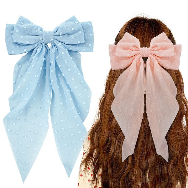 Ambesi Big Bow Hair Accessories 2pcs, Long Tail French Barrettes for Women & Girls, Pink Blue Soft Bow Clips for Birthday, Bachelorette Party, Christmas, Wedding