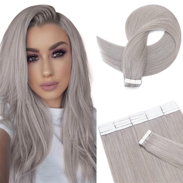 Hairro Tape In Hair Extensions Human Hair Tape Ins Glue In Skin Weft Rooted Tape On Hair Extensions Seamless Invisible Remy Hair Extensions For Women 22 inch 30g 20pcs #GREY
