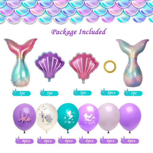 Ayearparty 28pcs Mermaid Balloons for Party Girls Kids Under The Sea Theme Baby Shower Birthday Colorful Decorations Include Mermaid Tail Seashell Foil Latex Balloons