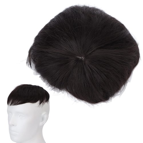 Men Hair Unit Wig Male Hair Pieces Short Wig, Black Short Straight Hair High Temperature Fiber Ba...