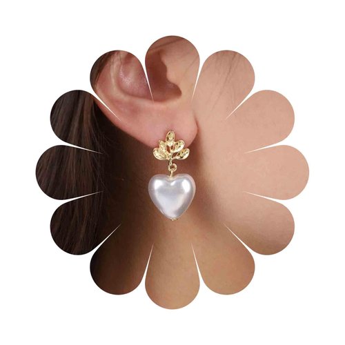 Sttiafay Vintage Pearl Heart Drop Earrings Gold Leaf Pearl Earrings White Pearl Heart Earrings Bridal Pearl Stud Earrings Jewelry for Women