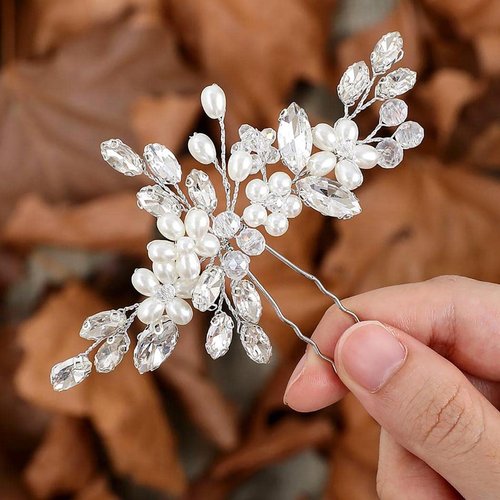 JONKY Rhinestone Hair Pins Silver Pearl Hair Piece Bridal Flower Crystal Wedding Headpieces Hair Accessories for Women and Girls