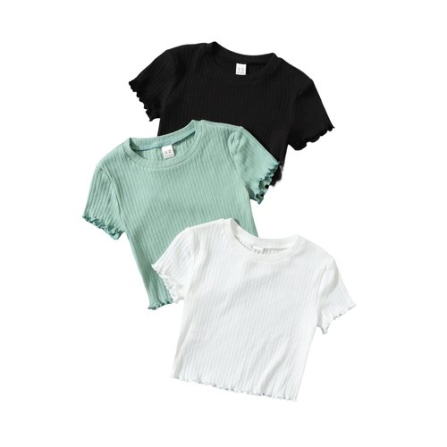 Floerns Girls 3 Pcs Short Sleeve Lettuce Trim Rib Knit Tee Shirt Crop Top Black Green 11-12Y