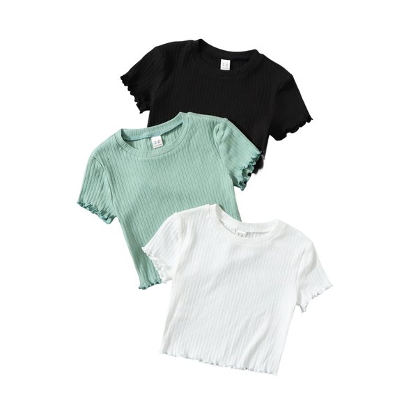 Floerns Girls 3 Pcs Short Sleeve Lettuce Trim Rib Knit Tee Shirt Crop Top Black Green 11-12Y