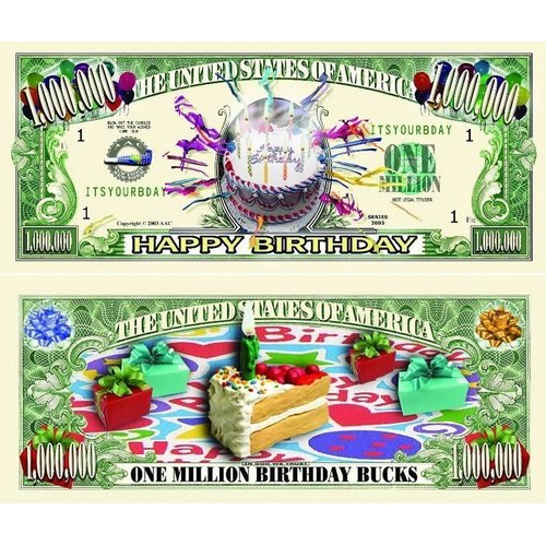 25 Happy Birthday Million Dollar Bills with Bonus “Thanks a Million” Gift Card Set