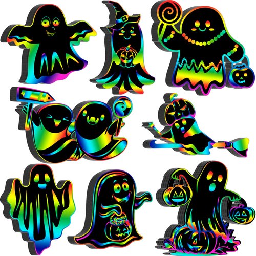 Motipuns 80 Pieces Halloween Ghost Scratch Cards Rainbow Halloween Craft Kits Halloween DIY Ornament for Kids Halloween Party Supplies Birthday Favors Classroom DIY Activities