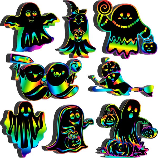 Motipuns 80 Pieces Halloween Ghost Scratch Cards Rainbow Halloween Craft Kits Halloween DIY Ornament for Kids Halloween Party Supplies Birthday Favors Classroom DIY Activities