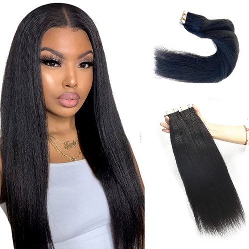 Yaki Tape in Extensions Human Hair, Natural Black Light Yaki Straight Tape in Hair Extensions Real Human Hair, Tape ins for Black Women 24Inch 20 PCS 50G/Set Glue in Hair Extensions Double Side Weft