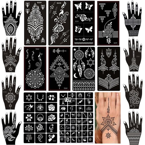 PPVWEY 18 Sheets Henna Tattoo Stencil Kit Temporary Airbrush Tattoo Sticker Glitter Tattoo Stencils for Women Girls Body Art Face Paint (Black 1)