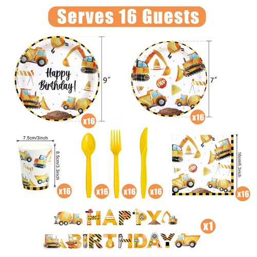 Mivofun Construction Party Supplies with Birthday Banner, 117PCS Excavator Paper Tableware Set Serves 16, Disposable Plates, Napkins, Cups, Cutlery Sets for Kids Boys Dump Truck Theme Party Decoration