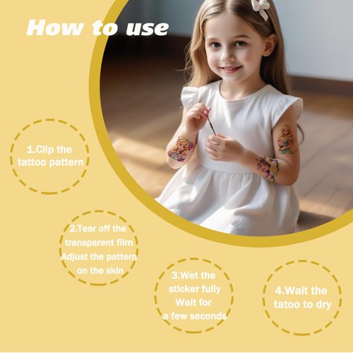 Kids Temporary Tattoo, 4 Sheets Waterproof Tattoo Stickers for Girls and Boys, Fake Cartoon princess Tattoos Stickers, Cute Body Arm Shoulder Tattoos Stickers, Birthday Party Supplies Gifts (yellow)