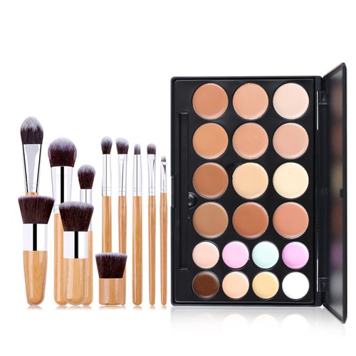 Pure Vie 20 Colors Hydrating Full Coverage Correcting Concealer Palette Camouflage Makeup Contour Kit for Conceals Corrects Dark Circles Acne + 11 Pcs Foundation Powder Concealer Eyeshadows Brushes