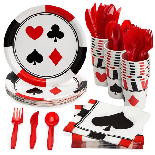 BLUE PANDA 144 Piece Casino Theme Birthday Party Decorations, Dinnerware Set with Plates, Napkins, Cups, Cutlery (Serves 24)