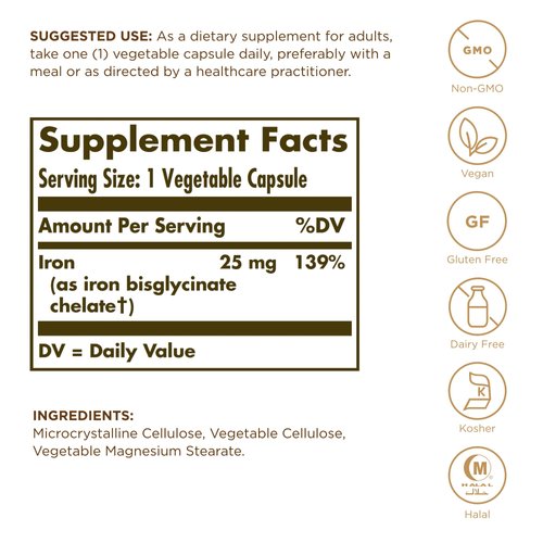 Solgar Gentle Iron (Iron Bisglycinate) 25 mg - 180 Vegetable Capsules, Pack of 2 - Non-Constipating, Gentle on Your Stomach - Non-GMO, Gluten Free - 360 Total Servings