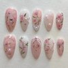 BABALAL Almond Press on Nails Medium Fake Nails Pink Glue on Nails Flower Heart Charm Design Acrylic Nails 24Pcs Coquette Handmade False Nails