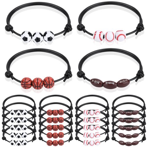 20Pcs Sports Party Favors Sport Goodie Bags Charm Bracelets Soccer Basketball Football Baseball Wristbands Ball Beads Adjustable Bracelet for Adult Team Player Halloween Christmas Birthday Party Gifts