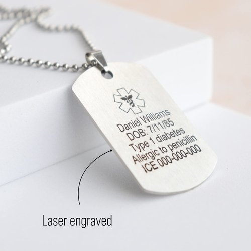 Medical Alert Necklace for Men & Women Custom Stainless Steel Laser Engraved ID Tag Emergency Awareness Med Prescription Safety Jewelry for Diabetes, Allergy, Epilepsy & Conditions (Military tag)