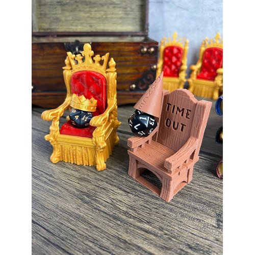 MunnyGrubbers - Dice Jail Cage - Time Out Chair & Dunce Hat - Chair of Shame - Crit Crown & Lucky Throne - (Random 7PC D20 Dice Set Included) - Gift for Dungeons and Dragons - DND - D&D - (Combo A)