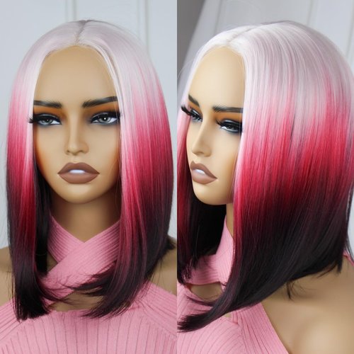 QDBOWIN Wear Go Glueless Ombre Pink To Red Wig for Women Straight Lace Front Wigs Short Hair Bob ...