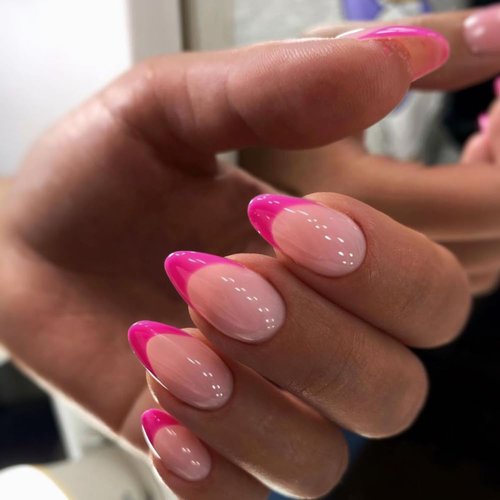 30 PCS Hot Pink French Tip Press on Nails Almond Short,SXVME Fake Nails Glue on Nails Medium,Gel Nails Static Nails,Acrylic Nails Press ons Medium Length,Short False Nails Stick on Nails for Women