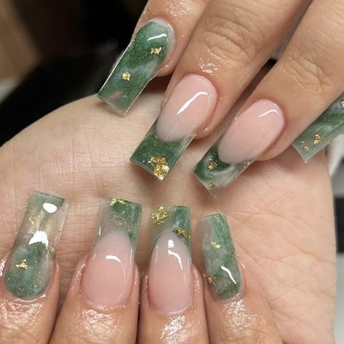 Rilafuvu Press on Nails Medium Long Fake Nails French False Nails Square Acrylic Nails Jade green...