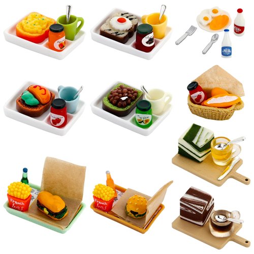 ONEST 48 Pieces Miniature Dollhouse Accessories Milk Juice Doll Food with Tableware Hamburger Fries Soda Milk Juice Fast Food Set for Kitchen Accessory Toys