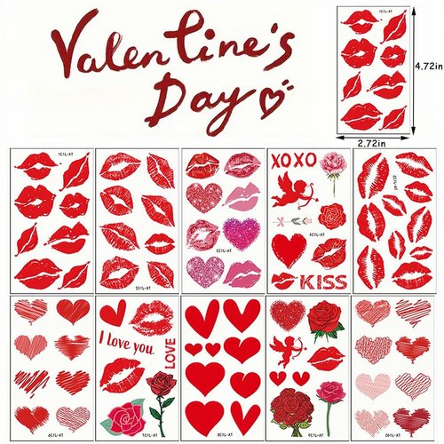 10 Sheet Valentines Day Temporary Tattoo Stickers Rose Angel Red Heart Lip Semi Permanent Fake Tattoos Valentine's Day Decorations Body Stickers for Party Favors Stickers Party Games Gifts Decorations