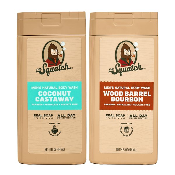 Dr. Squatch NEW Natural Body Wash for Men - Non-Exfoliating - Coconut Castaway + Wood Barrel Bourbon (14 oz, 2 Pack)