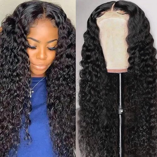 Generic Lace Front Wigs Synthetic Hair Pre-Plucked Transparent Lace Frontal Deep Wave Wigs for Black Women Middle Part Curly Glueless Synthetic Wigs 26 inch Black