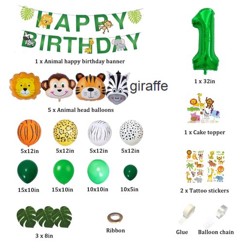 Jungle Theme Balloon Arch Kit for 1 Year Old Baby Boy Girl, Green Happy Birthday Banner Balloons Garland, Safari Shower Party Supplies Decorations 105pcs Wild Jungle Theme Party Supply Animal Balloon