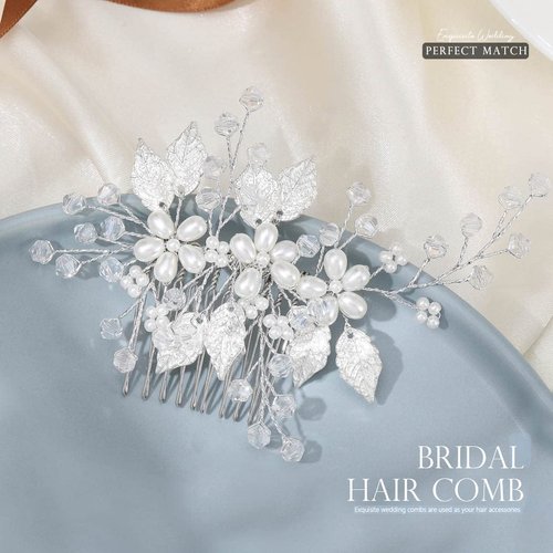 Easedaily Pearl Bride Wedding Hair Comb Silver Leaf Bridal Hair Piece Rhinestone Hair Accessories for Women and Girls