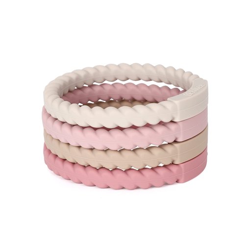 Socub Silicone Baby Teether Toy, 4 Pack BPA Free Soft Silicone Teether Bracelets for 3+Month babies, Wearable as Bracelets, Baby Chew Toy (Sand/Light Grey/Dusty Lilac/Power Rose)