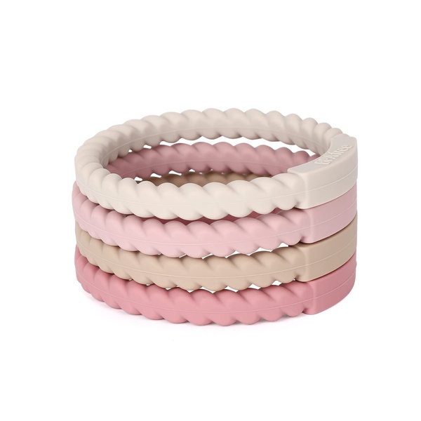 Socub Silicone Baby Teether Toy, 4 Pack BPA Free Soft Silicone Teether Bracelets for 3+Month babies, Wearable as Bracelets, Baby Chew Toy (Sand/Light Grey/Dusty Lilac/Power Rose)