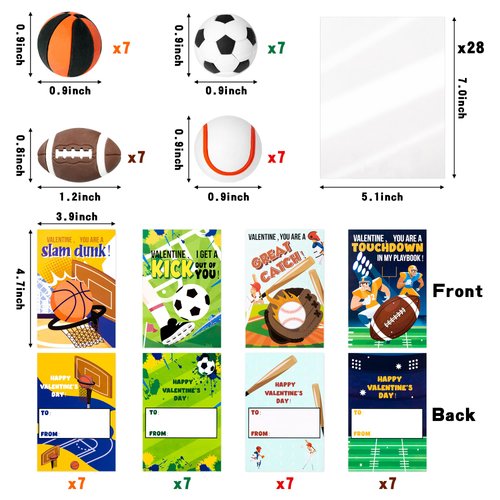 Yopyame 28 Pack Valentine's Day Sports Gift Cards with Erasers for Kids Funny Valentines Greeting Cards Mini Football Soccer Basketball Pencil Eraser School Classroom Prizes Exchange Gift Party Favors