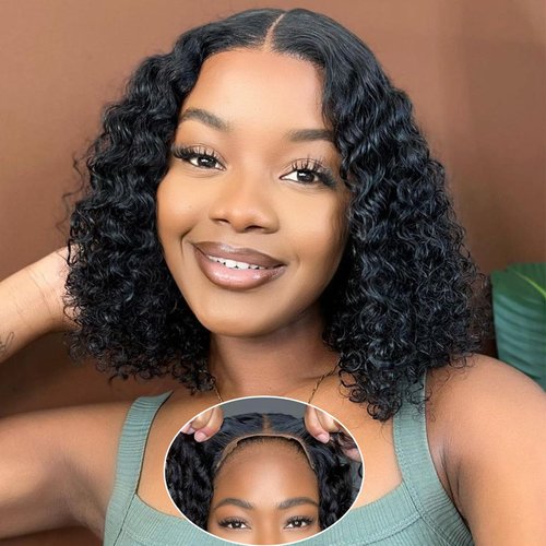 Wear and Go Glueless Short Curly Bob Wigs 12A Upgraded Human Hair Pre Cut Natural Black Jerry Curly 4x4 Lace Closure Bob Wigs Human Hair Pre Plucked For Black Women 150% Density