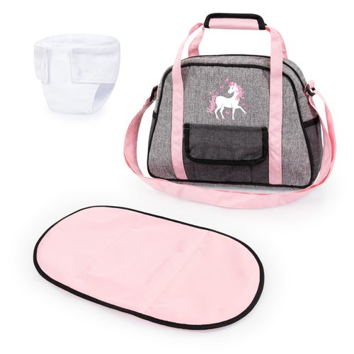 Bayer Design: Nursery Set - Doll Bag Set - Grey, Pink, Unicorn - Accessory Set w/Changing Mat & Diaper, Adjustable Shoulder Strap, Kids Ages 18+ Mo