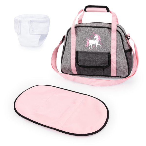 Bayer Design: Nursery Set - Doll Bag Set - Grey, Pink, Unicorn - Accessory Set w/Changing Mat & Diaper, Adjustable Shoulder Strap, Kids Ages 18+ Mo