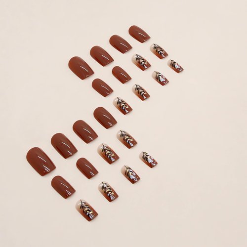 IMSOHOT Medium Press on Nails Square Fake Nails Glossy Glue on Nails Brown Gradient Glitter Designs Full Cover Acrylic Fall Squoval False Nails for Women 24Pcs