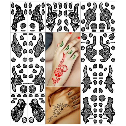 PPVWEY 18 Sheets Henna Tattoo Stencils, Hand Temporary Tattoo Stickers for Girls and Women Indian Arabian Self Adhesive Flower Tattoo Templates (Black)