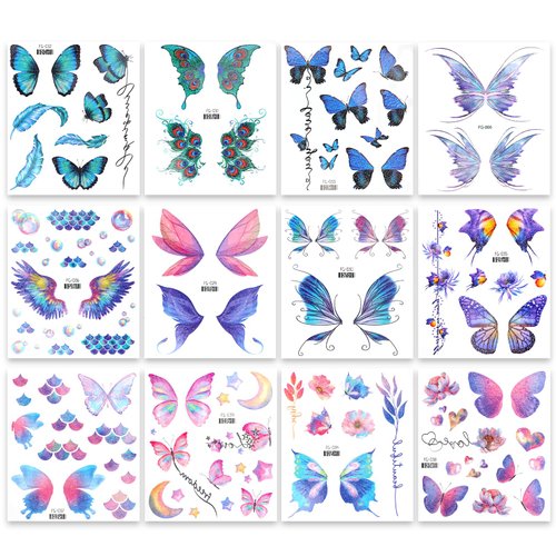 12 Sheets Glitter Butterfly Temporary Tattoos, Face Temporary Tattoos for Women Girl, Colorful Eye Makeup Sticker, Princess Decoration，Butterfly Temporary Tattoo Kids For Makeup, Parties, DIY