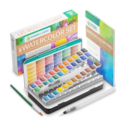 Watercolor Palette Norberg & Linden LG Water Color Paint Set - 36 Colors in Half Pans, 12-Sheet Paper Pad, 3 Artist Painting Brush - for Adults Paints Kit Pallet Acuarelas Profesionales Paper Supplies