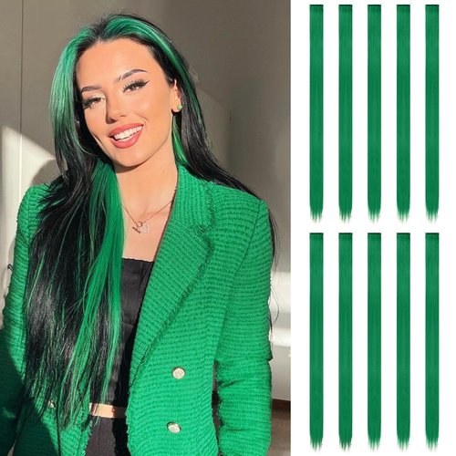 FESHFEN Green Clip in Hair Extensions, Colored Hair Extension 10 PCS Highlight Hair Piece Colorful Straight Synthetic Clip in Hairpieces for Women Girls Daily Party Christmas, 22 inch