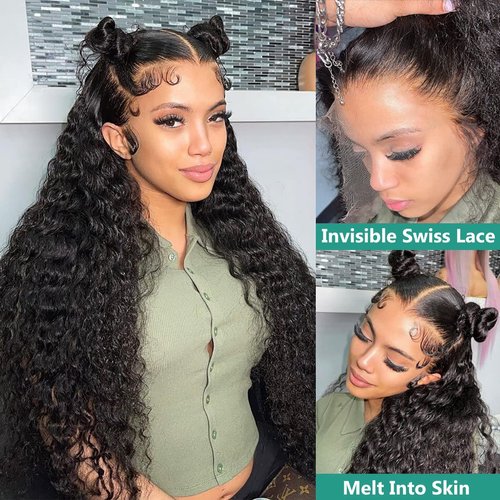Ferzzon 28 Inch Deep Wave Lace Front Wigs Human Hair 150% Density Pre Plucked HD Lace Frontal Wig Deep Wave Deep Wave Hd Lace Frontal Wigs for Black Women 13x4 HD Lace Front Wigs Natural Color