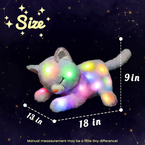 Hopearl LED Plush Cat Lighting Up Stuffed Mommy Cat with 3 Baby Kittens in her Tummy Stuffed Animal Playset Night Lights Glow in The Dark for Mom Kids Toddler Girls, Rainbow, 18''