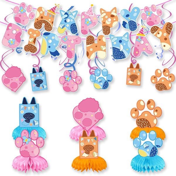 Blue Dog Birthday Party Supplies, Blue Dog Party Decorations - Banner -6 swirl-6 Honeycomb Centerpieces