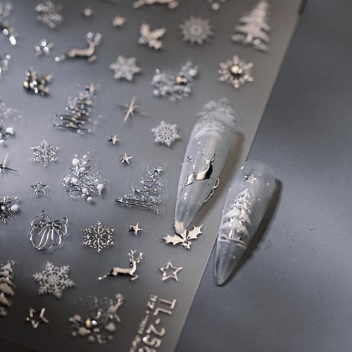 Christmas Silver Nail Stickers Snowflake Nail Art Decals 5D Embossed Self Adhesive Rhinestone Nail Design Christmas Tree Nail Decals for Nail Art Reindeer Nail Art Supplies for Women DIY Manicure