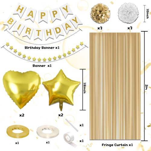 White and Gold Birthday Decorations,Women Men Girls Boys Party Decorations with Happy Birthday Banner Gold Fringe Curtain Tissue Paper Pompoms Star Garland Gold White Confetti Birthday Balloons